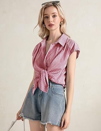 81QZaErserL._AC_SX342_.jpg LOMON Womens Button Down Shirts Short Cap Sleeve Summer Cotton V Neck Collared Stripes Blouses Casual Plaid Tops