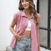 81jpWBxnGL._AC_SX342_.jpg LOMON Womens Button Down Shirts Short Cap Sleeve Summer Cotton V Neck Collared Stripes Blouses Casual Plaid Tops