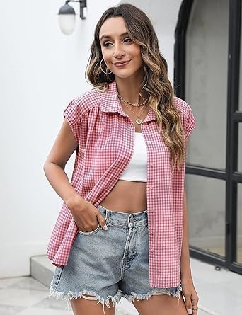 81jpWBxnGL._AC_SX342_.jpg LOMON Womens Button Down Shirts Short Cap Sleeve Summer Cotton V Neck Collared Stripes Blouses Casual Plaid Tops